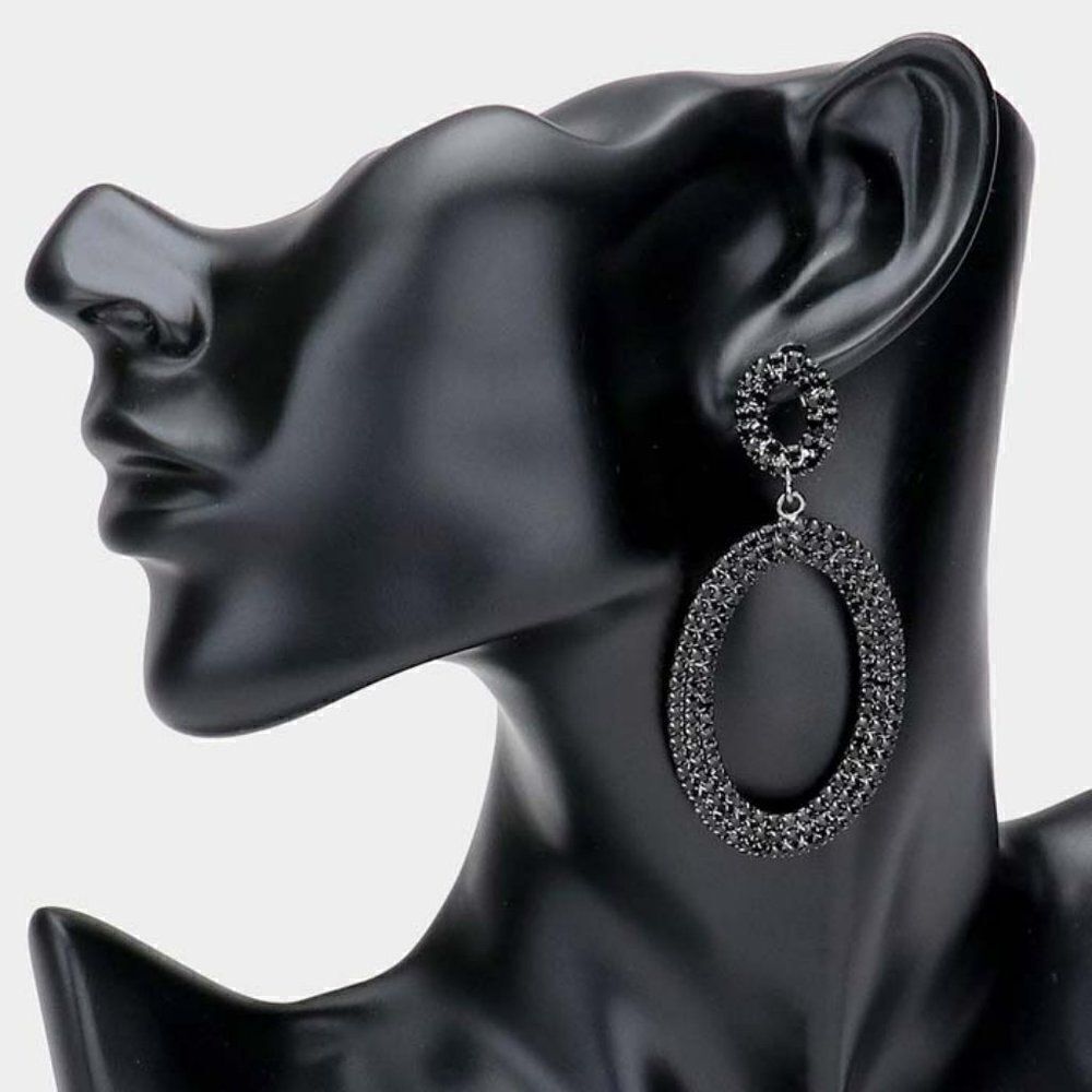 Rhinestone Jet Black Double Open Oval Earrings